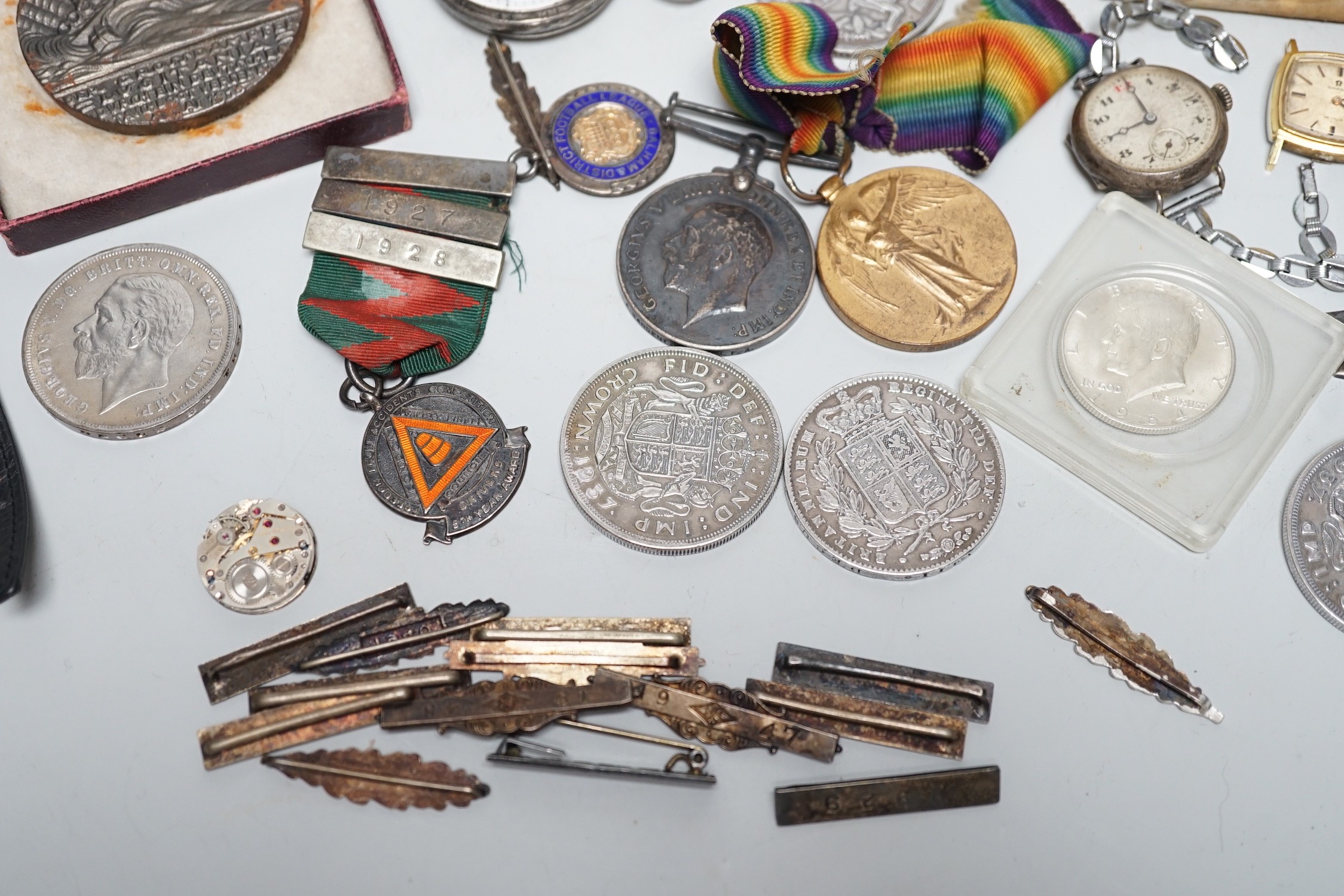 Mixed wrist and pocket watches including a silver cased Audax, a silver cased lady's Jagot and a military Moeris pocket watch, together with assorted medals etc.
